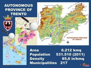 AUTONOMOUS
PROVINCE OF
TRENTO
Area 6.212 kmq
Population 531.510 (2011)
Density 85,6 in/kmq
Municipalities 217 1
 