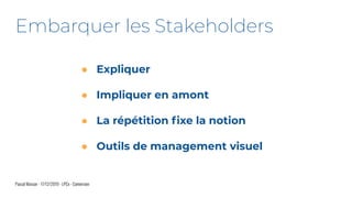 ● Expliquer
● Impliquer en amont
● La répétition ﬁxe la notion
● Outils de management visuel
Pascal Masson - 17/12/2019 - LPCx - Conversion
Embarquer les Stakeholders
 