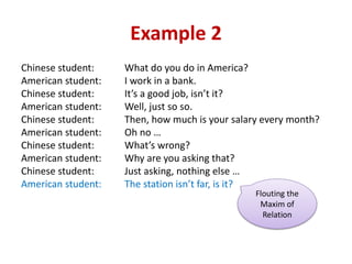 Example 2
Chinese student: What do you do in America?
American student: I work in a bank.
Chinese student: It’s a good job, isn’t it?
American student: Well, just so so.
Chinese student: Then, how much is your salary every month?
American student: Oh no …
Chinese student: What’s wrong?
American student: Why are you asking that?
Chinese student: Just asking, nothing else …
American student: The station isn’t far, is it?
Flouting the
Maxim of
Relation
 