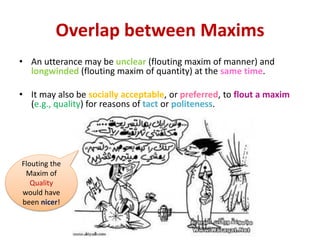 Overlap between Maxims
• An utterance may be unclear (flouting maxim of manner) and
longwinded (flouting maxim of quantity) at the same time.
• It may also be socially acceptable, or preferred, to flout a maxim
(e.g., quality) for reasons of tact or politeness.
Paltridge (2006) – Chapter 3, Prepared by
M. Al Khalil
Flouting the
Maxim of
Quality
would have
been nicer!
 
