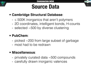 COORDINATION INCHI
Source Data
• Cambridge Structural Database:
- ≤ 500K inorganics that aren't polymers
- 2D coordinates,...