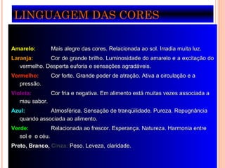 LINGUAGEM DAS CORES Amarelo:  Mais alegre das cores. Relacionada ao sol. Irradia muita luz. Laranja: Cor de grande brilho. Luminosidade do amarelo e a excitação do  vermelho. Desperta euforia e sensações agradáveis. Vermelho: Cor forte. Grande poder de atração. Ativa a circulação e a  pressão. Violeta: Cor fria e negativa. Em alimento está muitas vezes associada a  mau sabor. Azul: Atmosférica. Sensação de tranqüilidade. Pureza. Repugnância  quando associada ao alimento. Verde: Relacionada ao frescor. Esperança. Natureza. Harmonia entre  sol e  o céu. Preto, Branco,  Cinza:  Peso. Leveza, claridade. 
