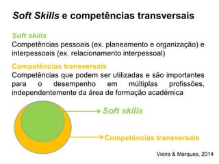 Soft skills
Competências pessoais (ex. planeamento e organização) e
interpessoais (ex. relacionamento interpessoal)
Competências transversais
Competências que podem ser utilizadas e são importantes
para o desempenho em múltiplas profissões,
independentemente da área de formação académica
Soft skills
Competências transversais
Soft Skills e competências transversais
Vieira & Marques, 2014
 