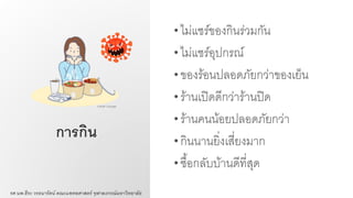 การกิน
• ไม่แชร์ของกินร่วมกัน
• ไม่แชร์อุปกรณ์
• ของร้อนปลอดภัยกว่าของเย็น
• ร้านเปิดดีกว่าร้านปิด
• ร้านคนน้อยปลอดภัยกว่า
• กินนานยิ่งเสี่ยงมาก
• ซื้อกลับบ้านดีที่สุด
รศ.นพ.ธีระ วรธนารัตน์ คณะแพทยศาสตร์ จุฬาลงกรณ์มหาวิทยาลัย
Credit: Google
 