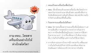 ถาม-ตอบ...โดยสาร
เครื่องบินอย่างไรให้
ห่างไกลโควิด?
• ตอนเข้าออกเครื่องบินเสี่ยงไหม?
• ตอบ: เสี่ยงทั้งตอนเข้าและออกเครื่องบิน ต้องใส่หน้ากาก
เสมอ รักษาระยะห่างเวลาเดินเข้าออก และหลีกเลี่ยงการ
จับต้องสิ่งของระหว่างเดินเข้าหรือออก เช่น พนักพิง รวมถึง
จากัดจานวนสิ่งของที่ถือขึ้นเครื่อง
• กินอาหารบนเครื่องบินได้ไหม?
• ตอบ: โอกาสปนเปื้อนอาหารและเครื่องดื่มนั้นน้อยมาก แต่
ความเสี่ยงคือ การถอดหน้ากากระหว่างการกินอาหาร
พบว่า หากมีคนติดเชื้อนั่งอยู่ในระยะ 2 เมตร หากใช้เวลา
กินอาหารนานกว่า 15 นาทีจะเสี่ยงมาก ถ้าเดินทางระยะ
สั้น การไม่กินก็จะดีที่สุด แต่หากจะกินก็ใช้เวลาน้อยๆ
• หากเดินทางระยะทางไกล อาจมีการตกลงกัน เหลื่อมเวลา
การกินกันก็จะช่วยได้อย่างไรก็ตามคงต้องอาศัยความ
ร่วมมือและการจัดระบบบริการจากสายการบินด้วย
รศ.นพ.ธีระ วรธนารัตน์ คณะแพทยศาสตร์ จุฬาลงกรณ์มหาวิทยาลัย
Credit: Google
 