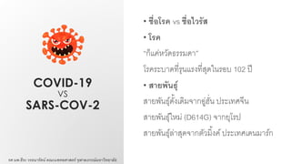 COVID-19
VS
SARS-COV-2
• ชื่อโรค vs ชื่อไวรัส
• โรค
“ก็แค่หวัดธรรมดา”
โรคระบาดที่รุนแรงที่สุดในรอบ 102 ปี
• สายพันธุ์
สายพันธุ์ดั้งเดิมจากอู่ฮั่น ประเทศจีน
สายพันธุ์ใหม่ (D614G) จากยุโรป
สายพันธุ์ล่าสุดจากตัวมิ้งค์ประเทศเดนมาร์ก
รศ.นพ.ธีระ วรธนารัตน์ คณะแพทยศาสตร์ จุฬาลงกรณ์มหาวิทยาลัย
 