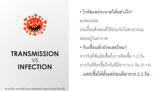 TRANSMISSION
VS
INFECTION
• ไวรัสแพร่ระบาดได้อย่างไร?
ละอองฝอย
ปนเปื้อนสิ่งของที่ใช้ร่วมกันในสาธารณะ
ลอยอยู่ในอากาศ
• รับเชื้อแล้วป่วยเลยไหม?
จากวันที่สัมผัสเชื้อถึงการติดเชื้อ 1-2 วัน
จากวันที่ติดเชื้อถึงวันที่มีอาการ 5 วัน (2-14)
...แพร่เชื้อได้ตั้งแต่ก่อนมีอาการ 2.3 วัน...
รศ.นพ.ธีระ วรธนารัตน์ คณะแพทยศาสตร์ จุฬาลงกรณ์มหาวิทยาลัย
 