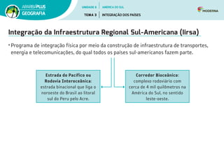 Integração da Infraestrutura Regional Sul-Americana (Iirsa)
• Programa de integração física por meio da construção de infraestrutura de transportes,
energia e telecomunicações, do qual todos os países sul-americanos fazem parte.
Estrada do Pacífico ou
Rodovia Interoceânica:
estrada binacional que liga o
noroeste do Brasil ao litoral
sul do Peru pelo Acre.
Corredor Bioceânico:
complexo rodoviário com
cerca de 4 mil quilômetros na
América do Sul, no sentido
leste-oeste.
UNIDADE 6
TEMA 3 INTEGRAÇÃO DOS PAÍSES
GEOGRAFIA
AMÉRICA DO SUL
 