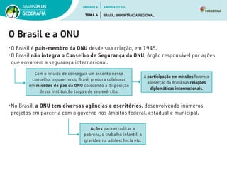 O Brasil e a ONU
• O Brasil é país-membro da ONU desde sua criação, em 1945.
• O Brasil não integra o Conselho de Segurança da ONU, órgão responsável por ações
que envolvem a segurança internacional.
Com o intuito de conseguir um assento nesse
conselho, o governo do Brasil procura colaborar
em missões de paz da ONU colocando à disposição
dessa instituição tropas de seu exército.
A participação em missões favorece
a inserção do Brasil nas relações
diplomáticas internacionais.
• No Brasil, a ONU tem diversas agências e escritórios, desenvolvendo inúmeros
projetos em parceria com o governo nos âmbitos federal, estadual e municipal.
Ações para erradicar a
pobreza, o trabalho infantil, a
gravidez na adolescência etc.
UNIDADE 6
TEMA 4 BRASIL: IMPORTÂNCIA REGIONAL
GEOGRAFIA
AMÉRICA DO SUL
 