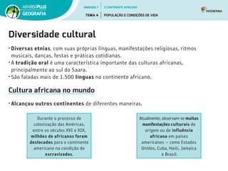 Diversidade cultural
• Diversas etnias, com suas próprias línguas, manifestações religiosas, ritmos
musicais, danças, festas e práticas cotidianas.
• A tradição oral é uma característica importante das culturas africanas,
principalmente ao sul do Saara.
• São faladas mais de 1.500 línguas no continente africano.
Cultura africana no mundo
• Alcançou outros continentes de diferentes maneiras.
Durante o processo de
colonização das Américas,
entre os séculos XVI e XIX,
milhões de africanos foram
deslocados para o continente
americano na condição de
escravizados.
Atualmente, observam-se muitas
manifestações culturais de
origem ou de influência
africana em países
americanos — como Estados
Unidos, Cuba, Haiti, Jamaica
e Brasil.
UNIDADE 7
TEMA 4 POPULAÇÃO E CONDIÇÕES DE VIDA
GEOGRAFIA
O CONTINENTE AFRICANO
 