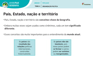 País, Estado, nação e território
• País, Estado, nação e território são conceitos-chave da Geografia.
• Embora muitas vezes sejam usados como sinônimos, cada um tem significado
diferente.
• Esses conceitos são muito importantes para o entendimento do mundo atual.
Os países são
resultado das
relações políticas
internacionais,
construídas
historicamente.
Os países não são
imutáveis, pois
novos países podem
se formar e outros
podem ser extintos
ou reorganizados.
UNIDADE 1
TEMA 4 ORGANIZAÇÃO POLÍTICA
GEOGRAFIA
POPULAÇÃO
 
