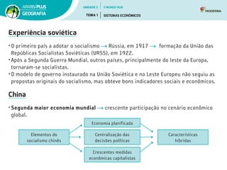 Experiência soviética
• O primeiro país a adotar o socialismo Rússia, em 1917 formação da União das
Repúblicas Socialistas Soviéticas (URSS), em 1922.
• Após a Segunda Guerra Mundial, outros países, principalmente do leste da Europa,
tornaram-se socialistas.
• O modelo de governo instaurado na União Soviética e no Leste Europeu não seguiu as
propostas originais do socialismo, mas obteve bons indicadores sociais e econômicos.
China
• Segunda maior economia mundial crescente participação no cenário econômico
global.
Economia planificada
Elementos do
socialismo chinês
Centralização das
decisões políticas
Crescentes medidas
econômicas capitalistas
Características
híbridas
UNIDADE 2
TEMA 1 SISTEMAS ECONÔMICOS
GEOGRAFIA
O MUNDO HOJE
 