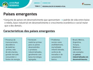 Países emergentes
• Conjunto de países em desenvolvimento que apresentam padrão de vida entre baixo
e médio, base industrial em desenvolvimento e crescimento econômico e social maior
que o dos demais.
Características dos países emergentes
• Presença de
transnacionais,
abundância
de matérias­
‑primas, mão
de obra barata,
grande mercado
consumidor e
fontes de energia.
• Fornecem
matérias-primas
para os países
desenvolvidos
e produtos
industrializados,
geralmente com
baixa tecnologia
agregada.
• Problemas
sociais como
analfabetismo,
mortalidade
infantil elevada,
carência de
moradias e de
saneamento
básico.
• Brasil, México,
Argentina,
Turquia,
Malásia e
Indonésia
são exemplos
de países
industrializados em
desenvolvimento.
UNIDADE 2
TEMA 3 REGIONALIZAÇÃO DO MUNDO ATUAL
GEOGRAFIA
O MUNDO HOJE
 