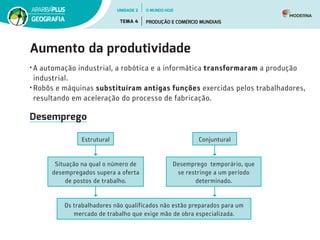 Aumento da produtividade
• A automação industrial, a robótica e a informática transformaram a produção
industrial.
• Robôs e máquinas substituíram antigas funções exercidas pelos trabalhadores,
resultando em aceleração do processo de fabricação.
Desemprego
Estrutural
Os trabalhadores não qualificados não estão preparados para um
mercado de trabalho que exige mão de obra especializada.
Situação na qual o número de
desempregados supera a oferta
de postos de trabalho.
Desemprego  temporário, que
se restringe a um período
determinado.
Conjuntural
UNIDADE 2
TEMA 4 PRODUÇÃO E COMÉRCIO MUNDIAIS
GEOGRAFIA
O MUNDO HOJE
 