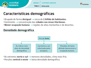 Características demográficas
• Ocupado de forma desigual cerca de 1 bilhão de habitantes.
• Continente concentração das cidades nas áreas litorâneas.
• Menor ocupação humana regiões de altas montanhas e de desertos.
Densidade demográfica
• Os extremos norte e sul menores densidades, clima mais frio.
• Porções central e oeste baixa densidade demográfica.
Os índices mais
altos de densidade
demográfica.
A primeira a ser
colonizada pelos
europeus.
Planaltos de baixa
altitude favoreceram a
ocupação humana.
Porção leste
UNIDADE 3
TEMA 3 POPULAÇÃO
GEOGRAFIA
O CONTINENTE AMERICANO
 