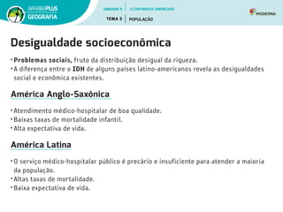 Desigualdade socioeconômica
• Problemas sociais, fruto da distribuição desigual da riqueza.
• A diferença entre o IDH de alguns países latino-americanos revela as desigualdades
social e econômica existentes.
América Anglo-Saxônica
• Atendimento médico-hospitalar de boa qualidade.
• Baixas taxas de mortalidade infantil.
• Alta expectativa de vida.
América Latina
• O serviço médico-hospitalar público é precário e insuficiente para atender a maioria
da população.
• Altas taxas de mortalidade.
• Baixa expectativa de vida.
UNIDADE 3
TEMA 3 POPULAÇÃO
GEOGRAFIA
O CONTINENTE AMERICANO
 