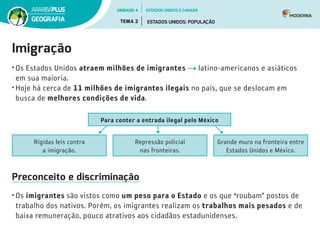 Imigração
• Os Estados Unidos atraem milhões de imigrantes latino-americanos e asiáticos
em sua maioria.
• Hoje há cerca de 11 milhões de imigrantes ilegais no país, que se deslocam em
busca de melhores condições de vida.
Para conter a entrada ilegal pelo México
Rígidas leis contra
a imigração.
Repressão policial
nas fronteiras.
Grande muro na fronteira entre
Estados Unidos e México.
Preconceito e discriminação
• Os imigrantes são vistos como um peso para o Estado e os que “roubam” postos de
trabalho dos nativos. Porém, os imigrantes realizam os trabalhos mais pesados e de
baixa remuneração, pouco atrativos aos cidadãos estadunidenses.
UNIDADE 4
TEMA 2 ESTADOS UNIDOS: POPULAÇÃO
GEOGRAFIA
ESTADOS UNIDOS E CANADÁ
 