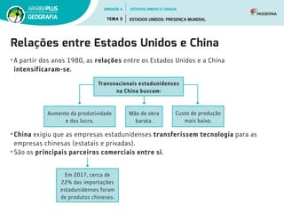 Relações entre Estados Unidos e China
• A partir dos anos 1980, as relações entre os Estados Unidos e a China
intensificaram-se.
• China exigiu que as empresas estadunidenses transferissem tecnologia para as
empresas chinesas (estatais e privadas).
• São os principais parceiros comerciais entre si.
Em 2017, cerca de
22% das importações
estadunidenses foram
de produtos chineses.  
Aumento da produtividade
e dos lucro.
Mão de obra
barata.
Custo de produção
mais baixo.
Transnacionais estadunidenses
na China buscam:
UNIDADE 4
TEMA 3 ESTADOS UNIDOS: PRESENÇA MUNDIAL
GEOGRAFIA
ESTADOS UNIDOS E CANADÁ
 