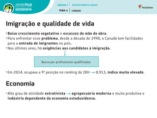 Imigração e qualidade de vida
• Baixo crescimento vegetativo e escassez de mão de obra.
• Para enfrentar esse problema, desde a década de 1990, o Canadá tem facilidades
para a entrada de imigrantes no país.
• Nos últimos anos, há exigências aos candidatos à imigração.
								
				
Busca por profissionais qualificados.
• Em 2014, ocupava a 9a
posição no ranking do IDH 0,913, índice muito elevado.
Economia
• Alto grau de atividade extrativista agropecuária moderna e muito produtiva e
indústria dependente da economia estadunidense.
UNIDADE 4
TEMA 4 CANADÁ
GEOGRAFIA
ESTADOS UNIDOS E CANADÁ
 