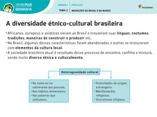 A diversidade étnico-cultural brasileira
• Africanos, europeus e asiáticos vieram ao Brasil e trouxeram suas línguas, costumes,
tradições, maneiras de construir e produzir etc.
• No Brasil, algumas dessas características foram abandonadas e outras se misturaram
com elementos da cultura local.
• A sociedade brasileira atual é resultado desse processo de encontro, conflito e mistura,
sendo muito diversa étnica e culturalmente.
• No nome ou no
sobrenome das pessoas.
• Nos hábitos alimentares.
• Nas palavras que
utilizamos.
• Festividades de origem
estrangeira.
• Manifestações
religiosas.
• Sincretismo religioso.
Heterogeneidade cultural
UNIDADE 1
TEMA 2 MIGRAÇÕES NO BRASIL E NO MUNDO
GEOGRAFIA
POPULAÇÃO
 