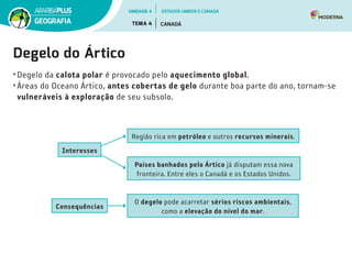Degelo do Ártico
• Degelo da calota polar é provocado pelo aquecimento global.
• Áreas do Oceano Ártico, antes cobertas de gelo durante boa parte do ano, tornam-se
vulneráveis à exploração de seu subsolo.
Região rica em petróleo e outros recursos minerais.
Interesses
Consequências
Países banhados pelo Ártico já disputam essa nova
fronteira. Entre eles o Canadá e os Estados Unidos.
O degelo pode acarretar sérios riscos ambientais,
como a elevação do nível do mar.
UNIDADE 4
TEMA 4 CANADÁ
GEOGRAFIA
ESTADOS UNIDOS E CANADÁ
 