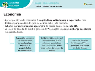 Economia
• A principal atividade econômica é a agricultura voltada para a exportação, com
destaque para o cultivo de cana-de-açúcar, sobretudo em Cuba.
• Cuba foi o grande produtor açucareiro do Caribe durante o século XIX.
• No início da década de 1960, o governo de Washington impôs um embargo econômico
(bloqueio) a Cuba.
Represália ao regime
socialista cubano
por nacionalizar
empresas e
propriedades
estadunidenses.
União Soviética: principal
importadora do açúcar
cubano, o que ajudou a
ilha a tornar-se a maior
exportadora de açúcar do
mundo.
Com o fim da União
Soviética em 1991, a
produção açucareira
em Cuba decaiu.
UNIDADE 5
TEMA 4 AMÉRICA CENTRAL INSULAR
GEOGRAFIA
MÉXICO E AMÉRICA CENTRAL
 
