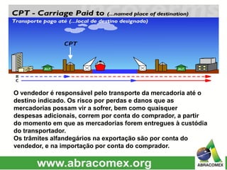 O vendedor é responsável pelo transporte da mercadoria até o
destino indicado. Os risco por perdas e danos que as
mercadorias possam vir a sofrer, bem como quaisquer
despesas adicionais, correm por conta do comprador, a partir
do momento em que as mercadorias forem entregues à custódia
do transportador.
Os trâmites alfandegários na exportação são por conta do
vendedor, e na importação por conta do comprador.
 