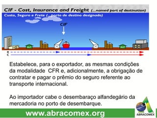 Estabelece, para o exportador, as mesmas condições
da modalidade CFR e, adicionalmente, a obrigação de
contratar e pagar o prêmio do seguro referente ao
transporte internacional.
Ao importador cabe o desembaraço alfandegário da
mercadoria no porto de desembarque.
 