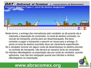 Neste termo, a entrega das mercadorias pelo vendedor se dá quando ela é
colocada a disposição do comprador, no local de destino nomeado, no
veículo de transporte, pronta para ser desembaraçada. Ele deve
contratar e pagar o transporte e assumir os riscos para a entrega. O
ponto no local de destino acordado deve ser claramente especificado.
Se o vendedor incorrer em algum custo de desembarque no destino previsto
no contrato de transporte, não deverá se ressarcir junto ao comprador.
Os trâmites alfandegários na exportação são por conta do vendedor, quando
aplicáveis, mas não tem obrigação quanto aos trâmites e direitos
alfandegários na importação.
.
 