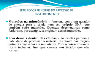SETE FOCOS PRINCIPAIS DO PROCESSO DE
ENVELHECIMENTO
⚫Mutações na mitocôndria – funciona como um gerador
de energia para a célula, tem seu próprio DNA, que
também sofre mutações. Doenças degenerativas como
Parkinson, porexemplo, se originam dessas mutações.
⚫Lixo demais dentro das células – As células perdem a
habilidade de processar o material resultante das reações
químicas realizadas em seu interior. Com o passar dos anos,
ficam inchadas. Isso gera caroços nos tecidos que elas
formam.
 