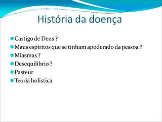 História da doença
⚫Castigode Deus ?
⚫Mausespíritosque se tinham apoderadoda pessoa ?
⚫Miasmas ?
⚫Desequilibrio ?
⚫Pasteur
⚫Teoria holistica
 