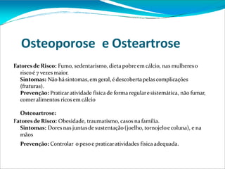 Osteoporose e Osteartrose
Fatoresde Risco: Fumo, sedentarismo, dieta pobreem cálcio, nas mulhereso
riscoé 7 vezes maior.
Sintomas: Não hásintomas, em geral, édescobertapelas complicações
(fraturas).
Prevenção: Praticaratividade física de forma regulare sistemática, não fumar,
comeralimentos ricos em cálcio
Osteoartrose:
Fatoresde Risco: Obesidade, traumatismo, casos na família.
Sintomas: Dores nas juntasde sustentação (joelho, tornojeloe coluna), e na
mãos
Prevenção: Controlar o peso e praticaratividades física adequada.
 