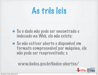As três leis
Se o dado não pode ser encontrado e
indexado na Web, ele não existe;
Se não estiver aberto e disponível em
formato compreensível por máquina, ele
não pode ser reaproveitado; e
www.dados.gov.br/dados-abertos/
19quarta-feira, 29 de maio de 2013
 