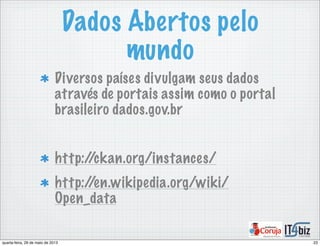 Dados Abertos pelo
mundo
Diversos países divulgam seus dados
através de portais assim como o portal
brasileiro dados.gov.br
http://ckan.org/instances/
http://en.wikipedia.org/wiki/
Open_data
23quarta-feira, 29 de maio de 2013
 