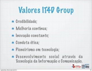 Valores IT4D Group
Credibilidade;
Melhoria contínua;
Inovação constante;
Conduta ética;
Pioneirismo em tecnologia;
Desenvolvimento social através da
Tecnologia da Informação e Comunicação.
79quarta-feira, 29 de maio de 2013
 