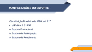 MANIFESTAÇÕES DO ESPORTE
•Constituição Brasileira de 1988, art. 217
• Lei Pelé n. 9.615/98
-> Esporte Educacional
-> Esporte de Participação
-> Esporte de Rendimento
11
 