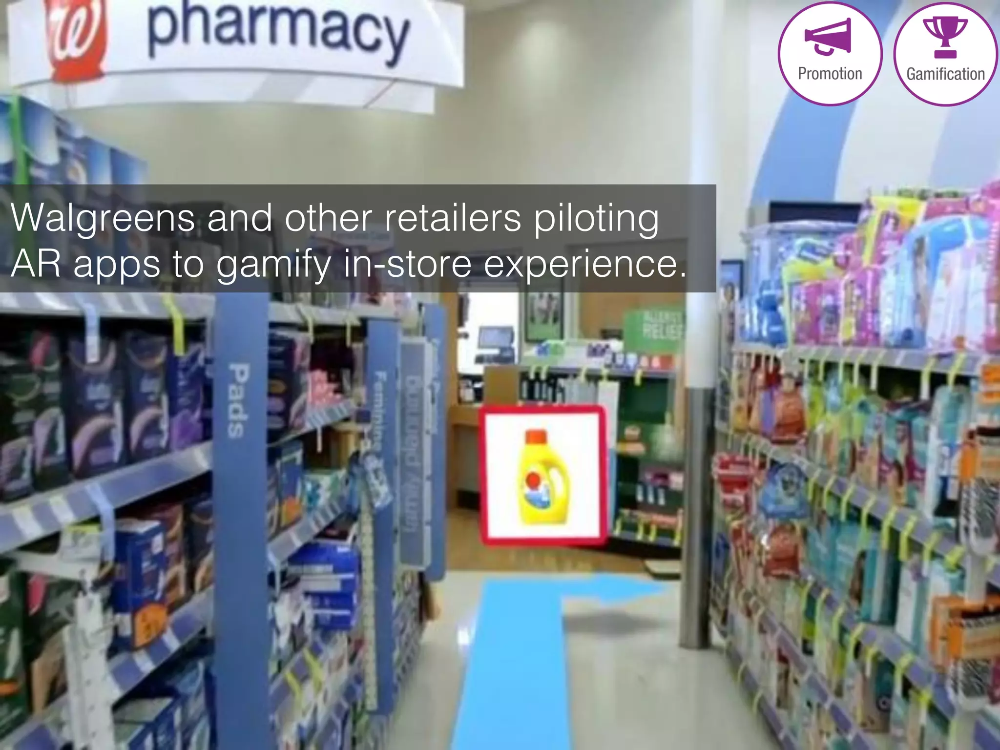 Walgreens and other retailers piloting
AR apps to gamify in-store experience. !
 