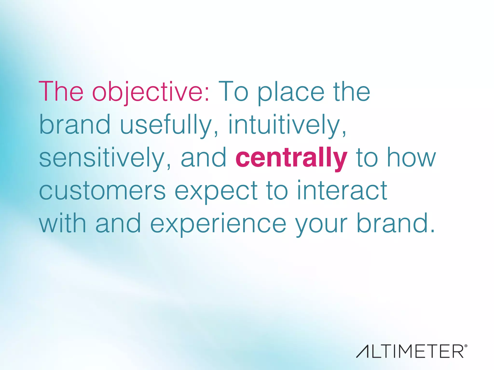 The objective: To place the
brand usefully, intuitively,
sensitively, and centrally to how
customers expect to interact
with and experience your brand.!
 