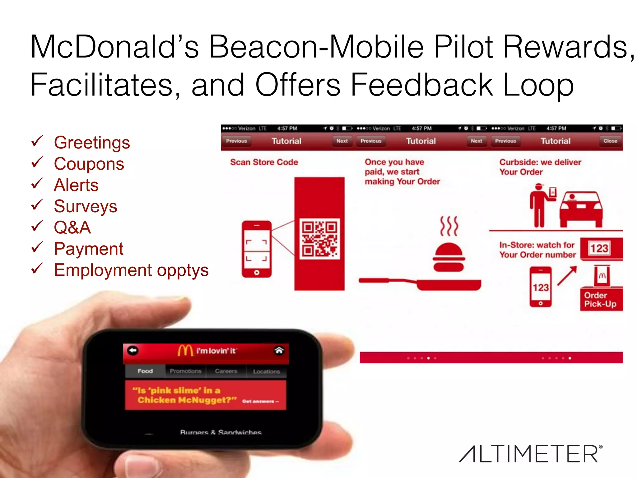 McDonald’s Beacon-Mobile Pilot Rewards,
Facilitates, and Offers Feedback Loop!
ü  Greetings
ü  Coupons
ü  Alerts
ü  Surveys
ü  Q&A
ü  Payment
ü  Employment opptys
 
