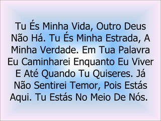 Tu És Minha Vida, Outro Deus
 Não Há. Tu És Minha Estrada, A
 Minha Verdade. Em Tua Palavra
Eu Caminharei Enquanto Eu Viver
  E Até Quando Tu Quiseres. Já
 Não Sentirei Temor, Pois Estás
Aqui. Tu Estás No Meio De Nós.
 