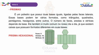 É um poliedro que possui duas bases iguais, ligadas pelas faces laterais.
Essas bases podem ter vários formatos, como triângulos, quadrados,
pentágonos, hexágonos, entre outros. O número de faces, arestas e vértices
depende da base. Ele também é muito comum no nosso dia a dia, já que existem
caixas que possuem formatos diferentes em suas bases.
AULA 2
- PRISMAS
PRISMA HEXAGONAL
Faces: 8
Arestas: 18
Vértices: 12
 