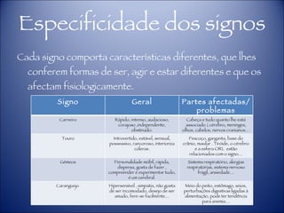 Especificidade dos signos Cada signo comporta características diferentes, que lhes conferem formas de ser, agir e estar diferentes e que os afectam fisiologicamente.  Signo Geral Partes afectadas/problemas Carneiro Rápido, intenso, audacioso, corajoso ,independente, obstinado. Cabeça e tudo quanto lhe está associado ( cérebro, meninges, olhos, cabelos, nervos cranianos… Touro Introvertido, estável, sensual, possessivo, rancoroso, interioriza cóleras. Pescoço, garganta, base do crânio, maxilar . Tiróide, o cérebro e a esfera ORL  estão relacionados com o signo… Gémeos Personalidade móbil, rápida, dispersa, gosta de fazer , compreender e experimentar tudo, é um cerebral. Sistema respiratório, alergias respiratórias, sistema nervoso frágil, ansiedade… Caranguejo  Hipersensível , simpatia, não gosta de ser incomodado, desejo de ser amado, fere-se facilmente… Meio do peito, estômago, seios, perturbações digestivas ligadas á alimentação, pode ter tendência para anemia… 