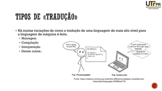 ▪ Há muitas variações de como a tradução de uma linguagem de mais alto nível para
a linguagem de máquina é feita.
▪ Montagem
▪ Compilação
▪ Interpretação
▪ Dentre outros..
Fonte: https://medium.com/young-coder/the-difference-between-compiled-and-
interpreted-languages-d54f66aa71f0
 