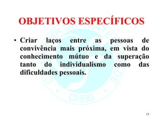 OBJETIVOS ESPECÍFICOS Criar laços entre as pessoas de convivência mais próxima, em vista do conhecimento mútuo e da superação tanto do individualismo como das dificuldades pessoais. 