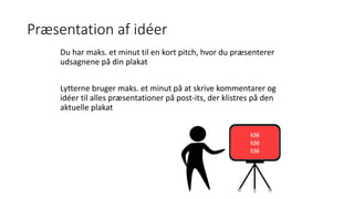 Præsentation af idéer
Du har maks. et minut til en kort pitch, hvor du præsenterer
udsagnene på din plakat
Lytterne bruger maks. et minut på at skrive kommentarer og
idéer til alles præsentationer på post-its, der klistres på den
aktuelle plakat
Idé
Idé
Idé
 