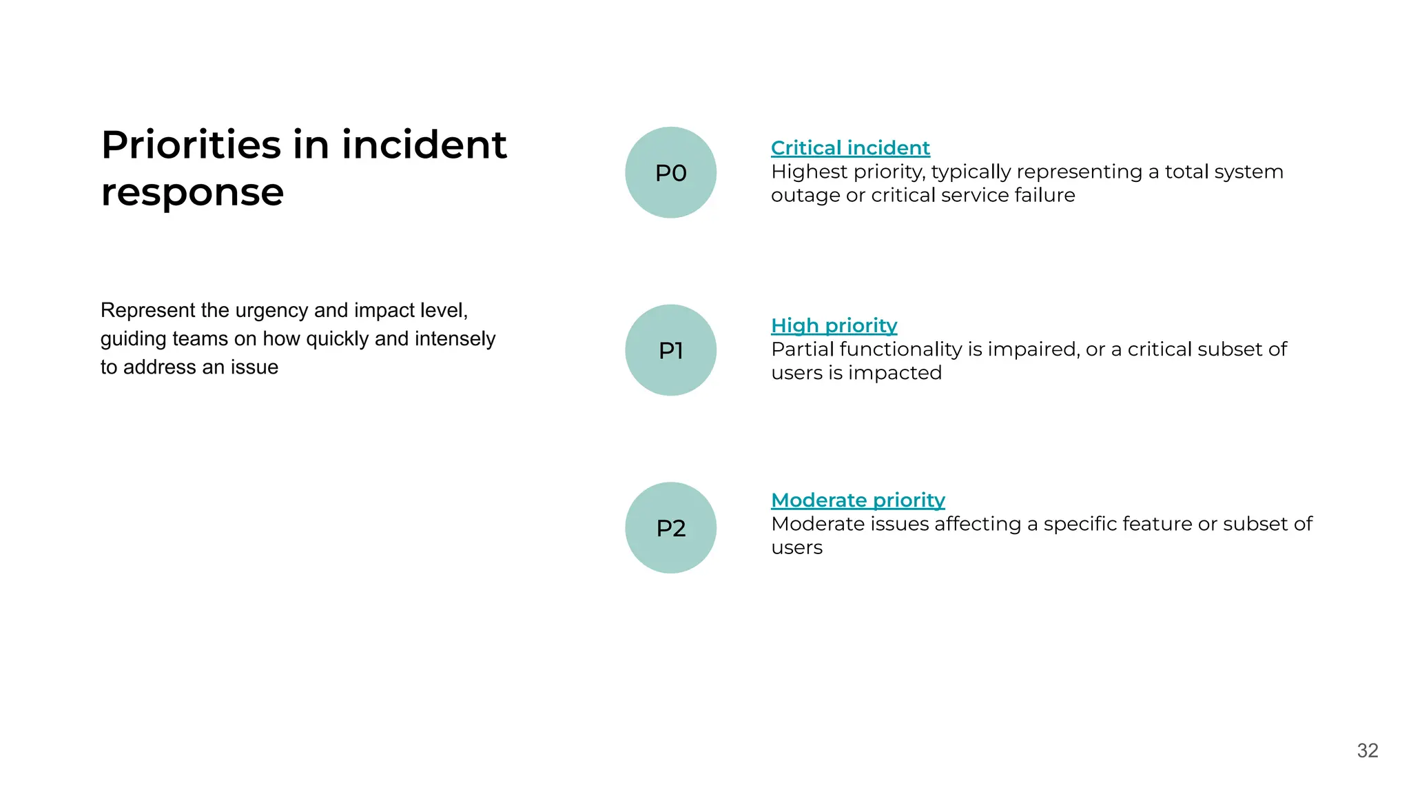 32
Priorities in incident
response
Represent the urgency and impact level,
guiding teams on how quickly and intensely
to address an issue
Critical incident
Highest priority, typically representing a total system
outage or critical service failure
High priority
Partial functionality is impaired, or a critical subset of
users is impacted
Moderate priority
Moderate issues affecting a speciﬁc feature or subset of
users
P0
P1
P2
 