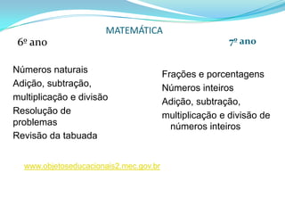MATEMÁTICA
 6º ano                                                 7º ano


Números naturais                        Frações e porcentagens
Adição, subtração,                      Números inteiros
multiplicação e divisão                 Adição, subtração,
Resolução de                            multiplicação e divisão de
problemas                                 números inteiros
Revisão da tabuada


  www.objetoseducacionais2.mec.gov.br
 