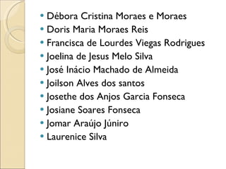 Débora Cristina Moraes e Moraes Doris Maria Moraes Reis Francisca de Lourdes Viegas Rodrigues Joelina de Jesus Melo Silva José Inácio Machado de Almeida Joilson Alves dos santos Josethe dos Anjos Garcia Fonseca Josiane Soares Fonseca Jomar Araújo Júniro Laurenice Silva 