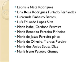 Leonísia Neta Rodrigues Lina Rosa Rodrigues Furtado Fernandes Lucivanda Pinheiro Barros Luís Eduardo Lopes Silva Maria Isabel Cardoso Ferreira Maria Benedita Ferreira Pinheiro Maria de Jesus Ferreira pinto Maria de Oliveira Moraes Pereira Maria dos Anjos Sousa Dias Maria Irene Peixoto Gomes 
