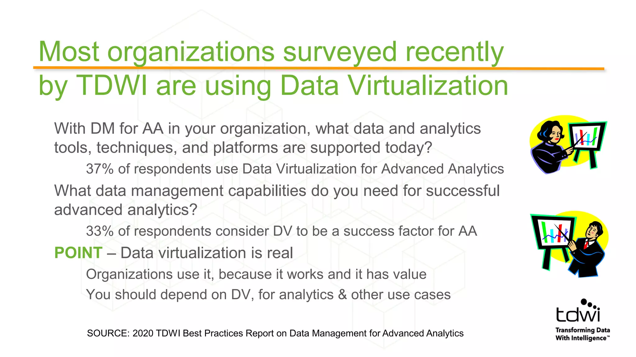 Most organizations surveyed recently
by TDWI are using Data Virtualization
With DM for AA in your organization, what data and analytics
tools, techniques, and platforms are supported today?
37% of respondents use Data Virtualization for Advanced Analytics
What data management capabilities do you need for successful
advanced analytics?
33% of respondents consider DV to be a success factor for AA
POINT – Data virtualization is real
Organizations use it, because it works and it has value
You should depend on DV, for analytics & other use cases
SOURCE: 2020 TDWI Best Practices Report on Data Management for Advanced Analytics
 